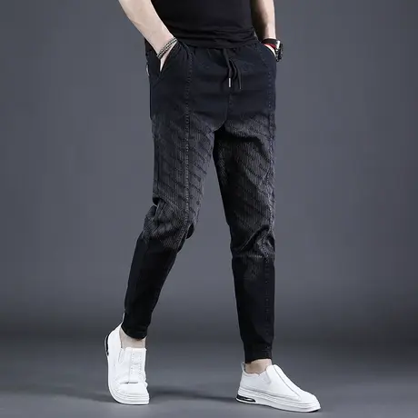 秋冬款黑色裤子男牛仔裤修身束脚潮牌2023新款工装男士休闲裤加绒图片