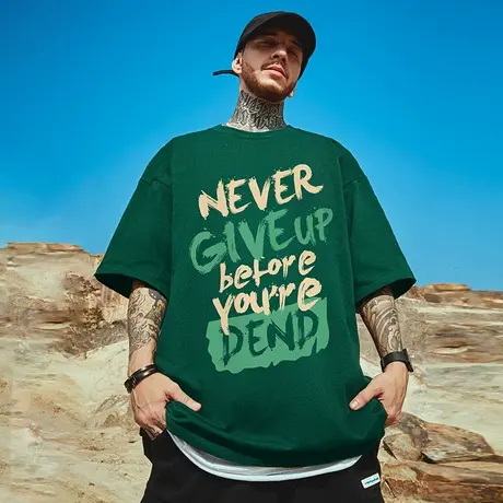 美式重磅潮牌宽松T恤胖子短袖男加肥加大五分袖字母大码男装夏季商品大图