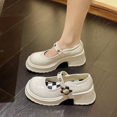 网红秋季粗跟复古小皮鞋女2023新款圆头浅口一字扣带学院英伦单鞋图片