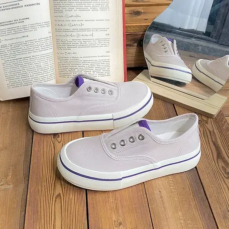 2023夏季薄款帆布鞋女小众ins松紧带一脚蹬懒人鞋百搭平底小白鞋商品大图