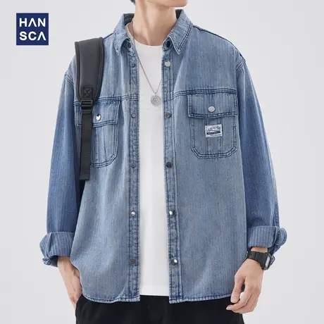 hansca翻领长袖牛仔外套男春季新款美式复古水洗渐变宽松休闲夹克图片