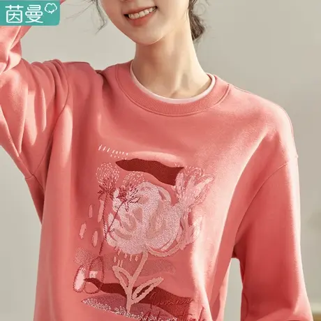 茵曼品牌卫衣女圆领2023新款长袖上衣无帽外套衣服秋冬季打底内搭商品大图