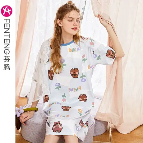 芬腾纯棉布朗熊睡裙女夏季薄款可爱卡通少女休闲可外穿家居服睡衣图片
