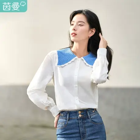 茵曼2023春女装新款田园翻领针织娃娃领微灯笼袖撞色长袖衬衫衬衣图片