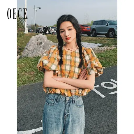 Oece复古港味衬衫2023春夏新款女装上衣设计感女小众早春格纹衬衣图片