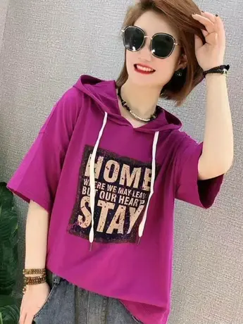 大码连帽短袖T恤女2023夏季新款宽松遮肉卡通印花韩版百搭上衣潮商品大图