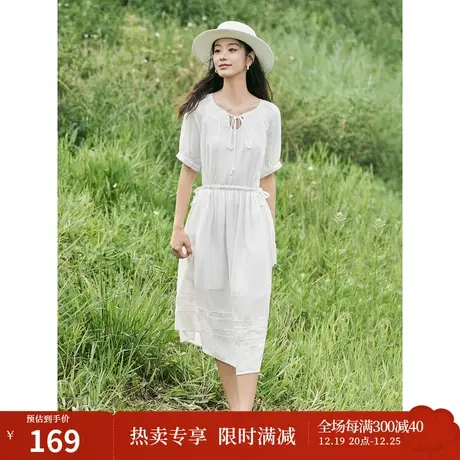 茵曼法式系带圆领抽绳高收腰连衣裙2023夏女装新款A摆插肩袖长裙商品大图