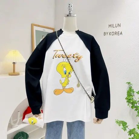 港风休闲小众设计感上衣2022秋季新款韩国东大门撞色拼接卡通卫衣图片