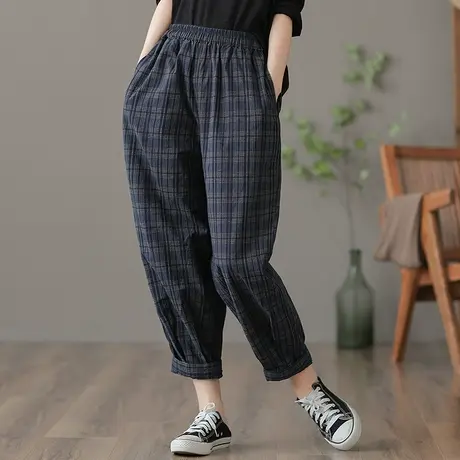 dza 高腰显瘦休闲格子裤女秋季新款宽松阔腿裤复古长裤百搭哈伦裤商品大图
