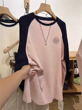 撞色插肩袖后背印花长袖T恤女2023秋装新款韩版宽松中长款上衣潮图片