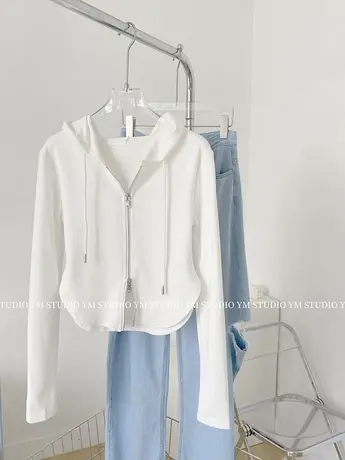 2023春季新款连帽修身短款外套女百搭显瘦设计感长袖针织衫上衣潮商品大图