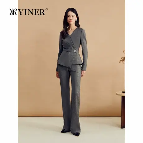 【格雷系】YINER音儿2024冬季新款法式V领皱褶收腰羊毛混纺上衣商品大图