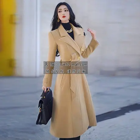 VJE冬季西装式呢大衣女新款双排扣收腰显瘦中长款A摆毛呢外套商品大图