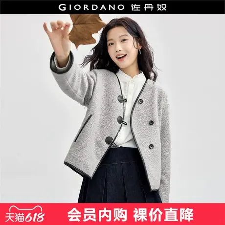佐丹奴毛呢外套女不对称仿皮扣复古文艺风设计感V领上衣18374813图片