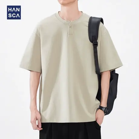 hansca 复古亨利领短袖polo衫男款2025新款夏季薄款卡其色宽松t恤商品大图
