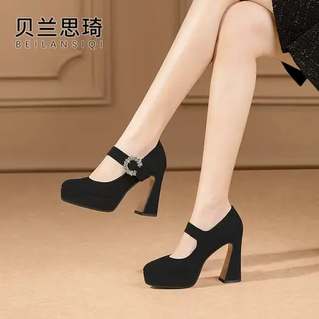 磨砂真皮一字带水钻圆头厚底粗跟单鞋女2025春秋新款防水台高跟鞋图片