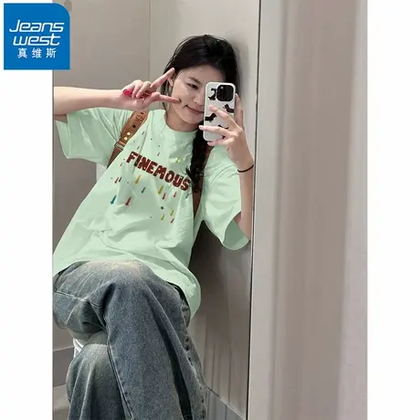 NR真维斯浅绿色正肩纯棉短袖t恤女夏季新款别致宽松百搭休闲上衣商品大图