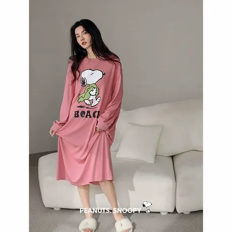 贝妍柔软棉睡衣女春秋新款可爱史努比睡裙甜美少女长袖宽松连衣裙商品大图