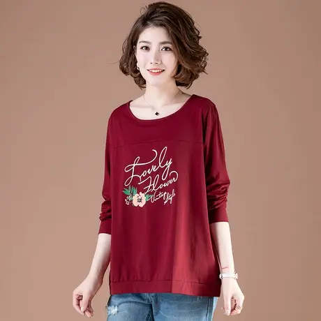纯棉长袖t恤女秋季加肥加大码女装上衣宽松遮肚子中年妈妈打底衫商品大图