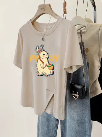 韩系chic不规则T恤女卡通印花大码减龄上衣ins潮夏季开叉显瘦短袖商品大图