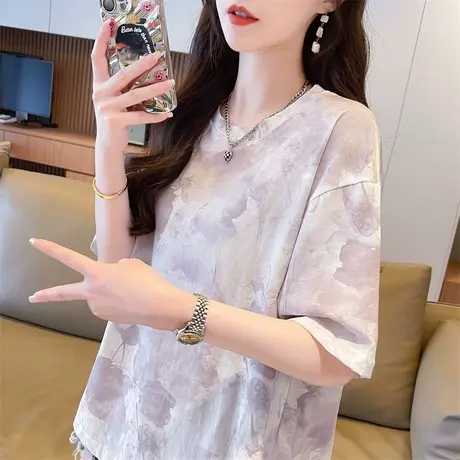 渐变色扎染纯棉短袖t恤女2024新款夏装韩版宽松小个子百搭上衣服商品大图