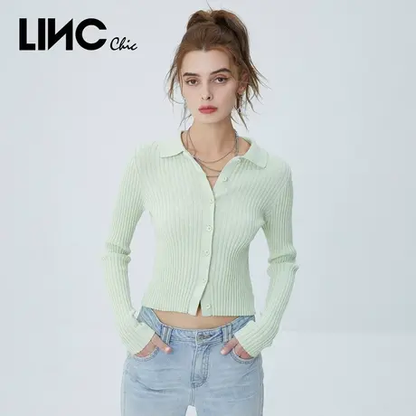 LINCCHIC金羽杰针织衫复古学院风Polo领针织开衫外套女S221SW310商品大图