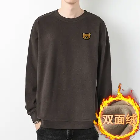 小熊卫衣男秋冬款圆领无帽上衣服加绒保暖双面绒长袖t恤潮流宽松商品大图