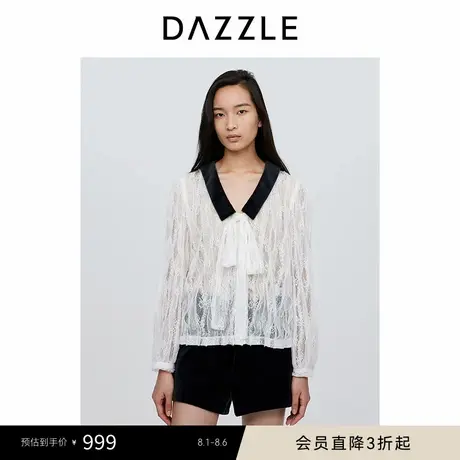 DAZZLE地素奥莱 雪纺衫秋季女装优雅法式蕾丝系带拼接领上衣商品大图