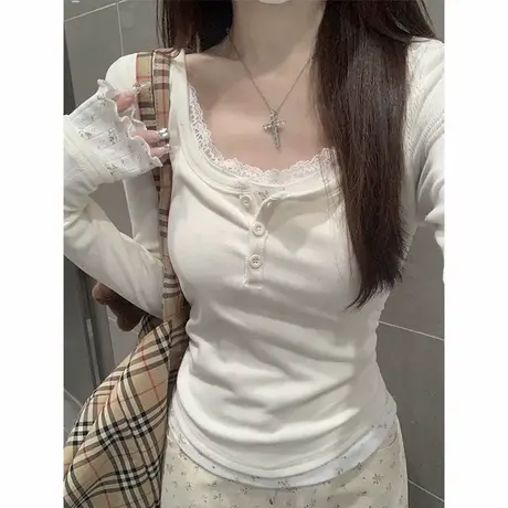 蕾丝边拼接设计感长袖T恤女初秋韩版修身短款假两件打底衫上衣潮图片