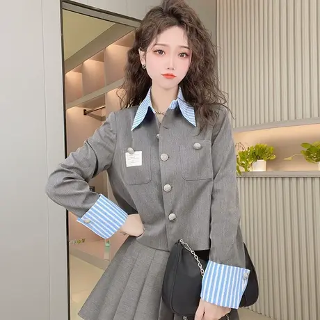 短款假两件小西装春季新款显瘦休闲条纹上衣灰色修身长袖西服外套商品大图