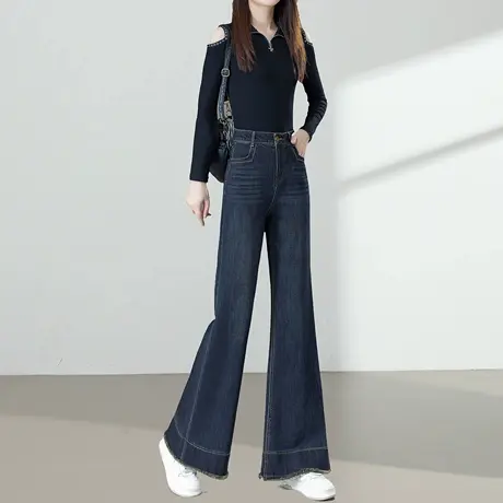 复古毛边牛仔微喇裤女春秋2025新款高腰修身显瘦百搭垂感喇叭裤子商品大图