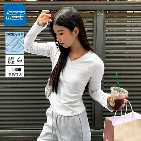 KV真维斯长袖T恤女款2025新款上衣 褶皱收腰显瘦内搭高级感打底衫商品大图