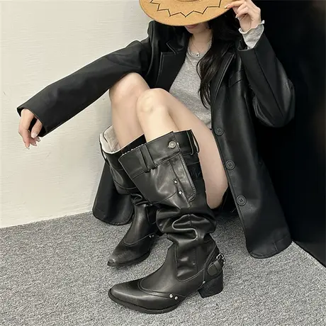 气质不过膝长靴女2025秋季新款尖头粗跟显瘦堆堆靴爆款百搭骑士靴商品大图