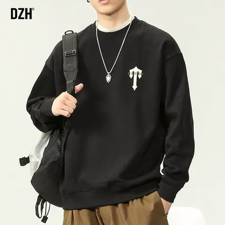 男士刺绣重磅卫衣男美式圆领秋季长袖上衣男款黑色外套2023年新款商品大图