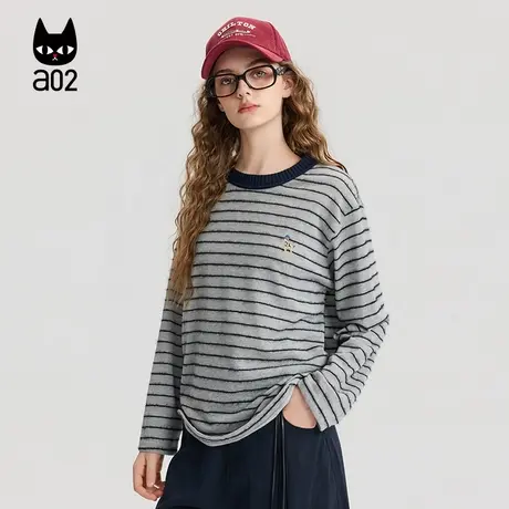 a02宽松条纹长袖T恤女2025新款秋季绣花打底衫设计感早秋上衣通勤商品大图