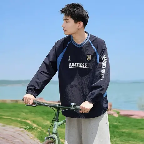 唐狮春夏新款男长袖T恤薄款撞色拼接上衣插肩袖内搭打底衫潮TD图片