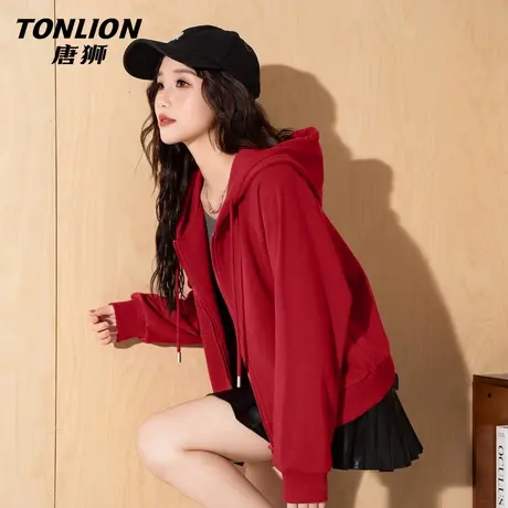 唐狮官方红色外套女2026新款春季短款卫衣帽衫宽松上衣新年战袍VC图片