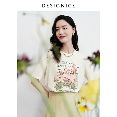 迪赛尼斯圆领T恤女2023年春秋新款小众宽松图案短袖针织上衣商品大图