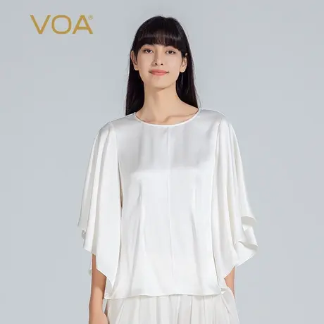VOA40姆米真丝双面缎雪白圆领蝙蝠袖挖洞设计丝滑光泽宽松百搭T恤图片