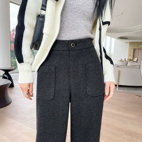 黑色毛呢直筒裤女秋冬2023年新款高腰宽松显瘦羊绒呢子阔腿休闲裤图片