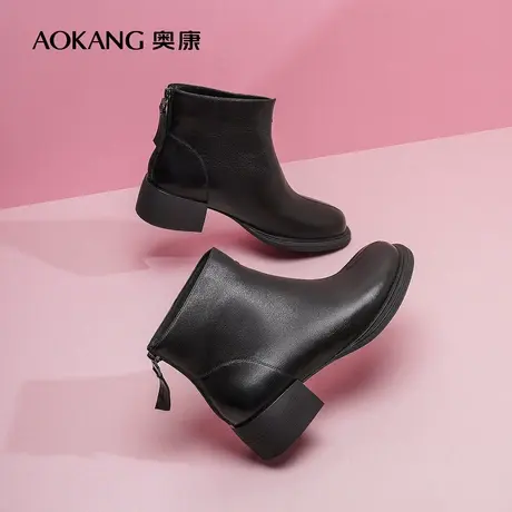 【门店发货】奥康女鞋冬新款透气加绒保暖时装靴粗高跟显瘦女士靴商品大图