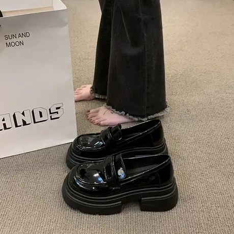 单鞋女法式2023新款秋季通勤小皮鞋复古一脚蹬英伦ins粗跟乐福鞋商品大图