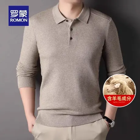 【华夫格+含羊毛】罗蒙男士2023秋季新款翻领保暖毛衣纯色针织衫商品大图