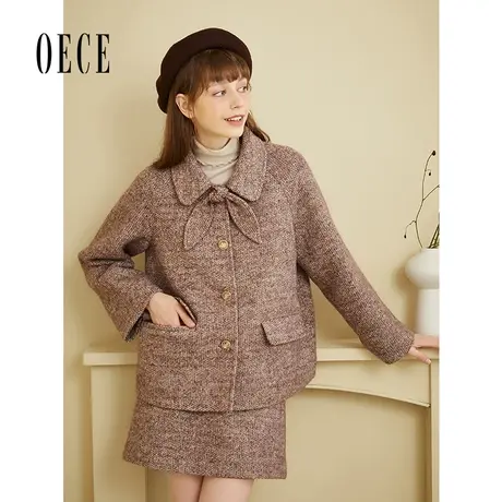 【买1送1】Oece秋冬装新款女装复古文艺短款毛呢外套小个子呢大衣商品大图