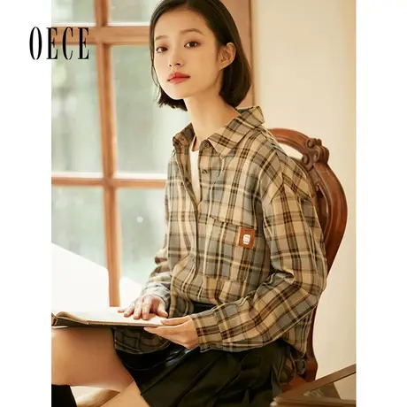 Oece复古格子衬衫秋冬季新款女装叠穿百搭衬衣春秋设计感上衣商品大图