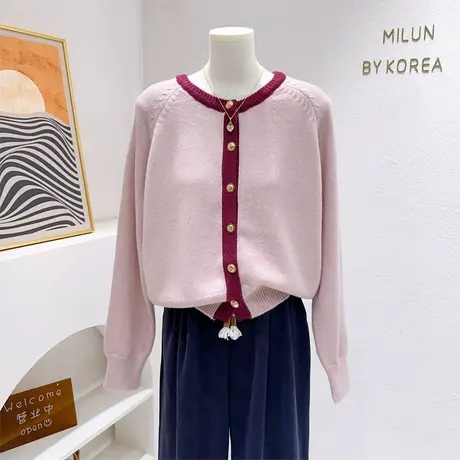 2023秋冬新款小香风拼色开衫上衣洋气毛衣外套温柔气质粉色针织衫商品大图