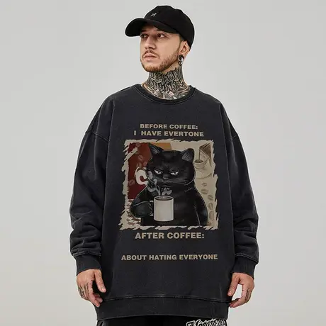 重磅美式复古嘻哈大码卫衣男士圆领纯棉水洗做旧高街加绒秋冬男款图片