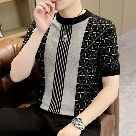 毛衣短袖男士秋冬季潮牌轻奢痞帅提花针织t恤圆领拼色羊毛打底衫图片