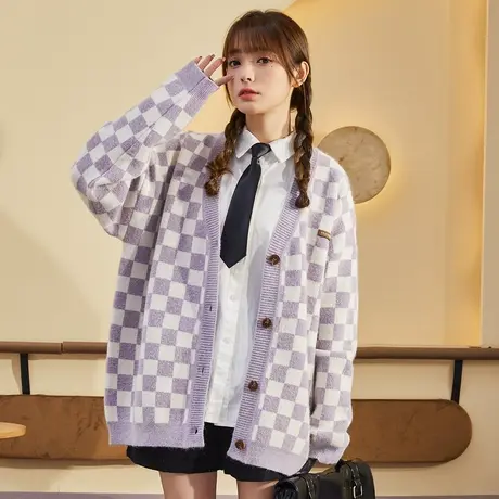 唐狮毛衣女V领学院风新款秋冬针织日系毛衣宽松百搭针织开衫图片