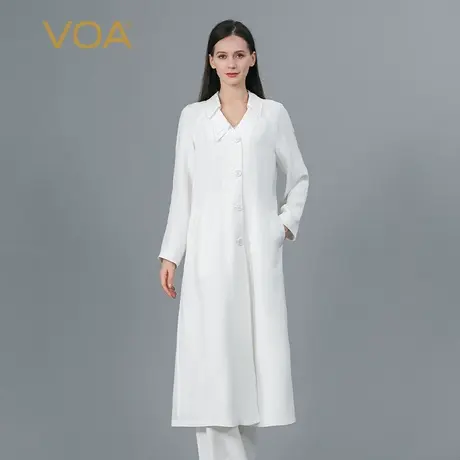 VOA牛奶白30姆米砂洗重磅桑蚕丝V领单排扣连肩长袖真丝风衣外套秋商品大图